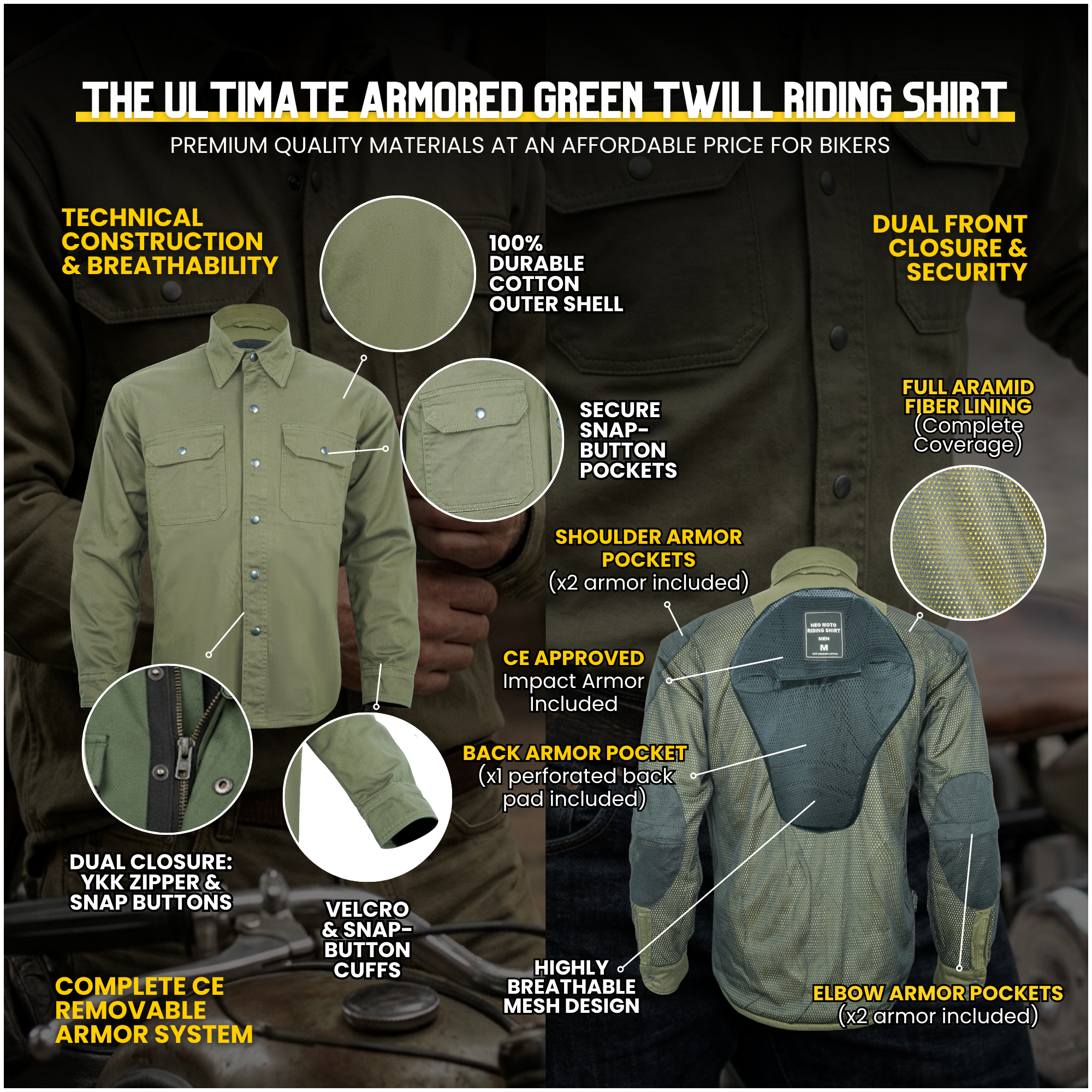 Green | Olive Armored Motorcycle Riding Shirt Reinforced With Kevlar - Cotton Twill Fabric