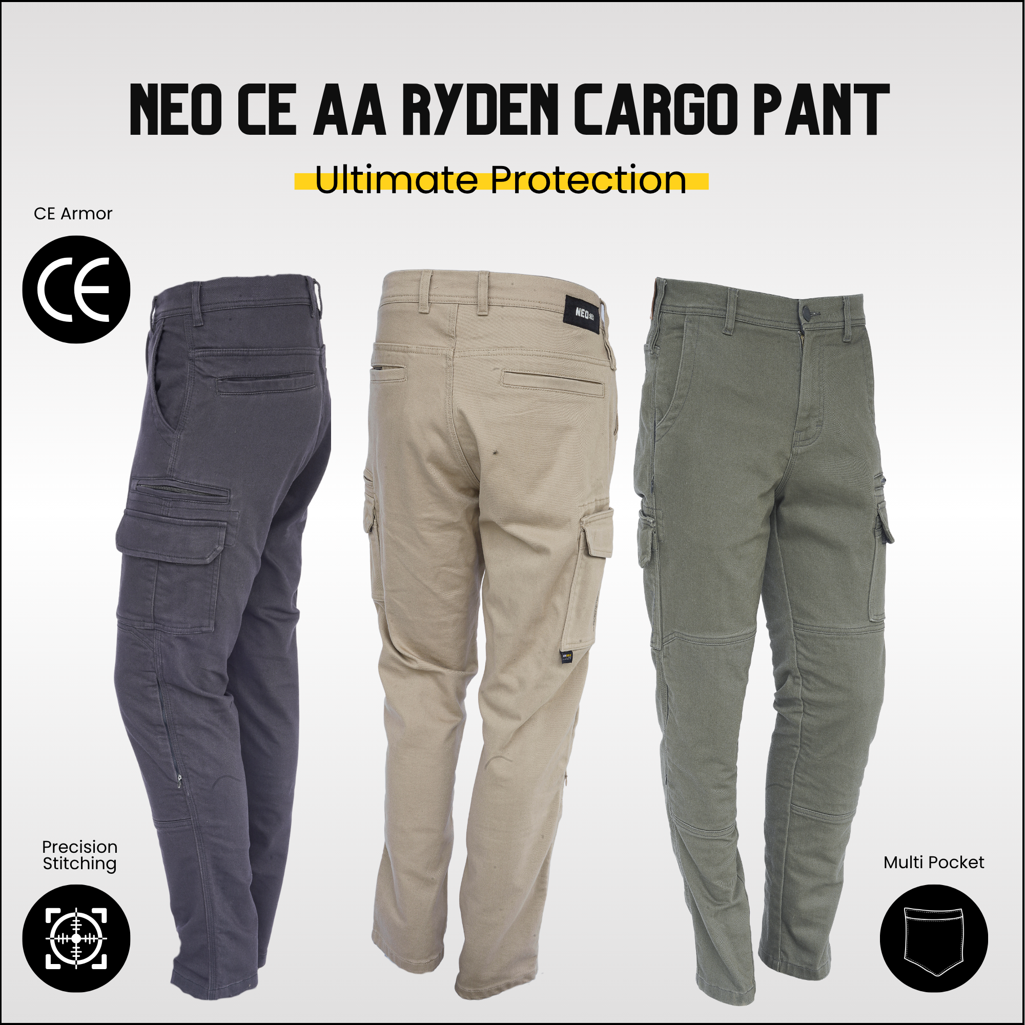 NEO CE AA RYDEN CARGO PANT – GREEN - OLIVE | Ultimate Protection With CE Fabric, CE Hip and Knee Armors