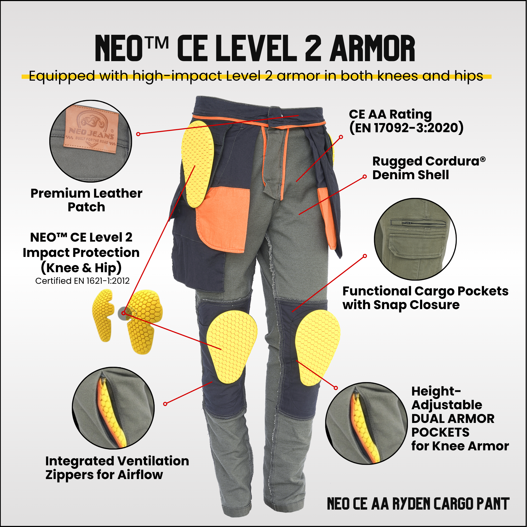 NEO CE AA RYDEN CARGO PANT – GREEN - OLIVE | Ultimate Protection With CE Fabric, CE Hip and Knee Armors