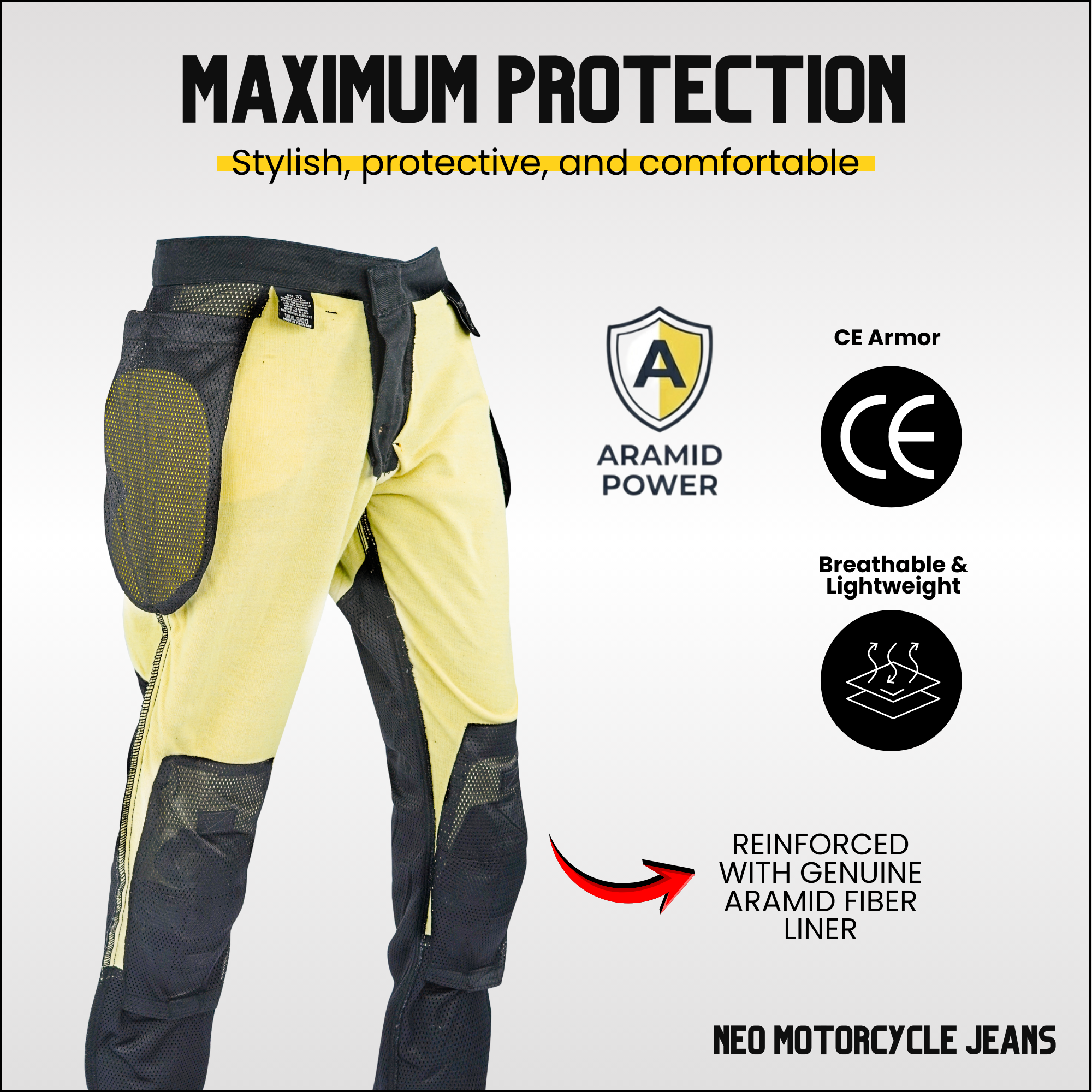 NEO MENS Motorcycle Jeans – Black lined with Aramid fibers and Free knee & Hips Armors
