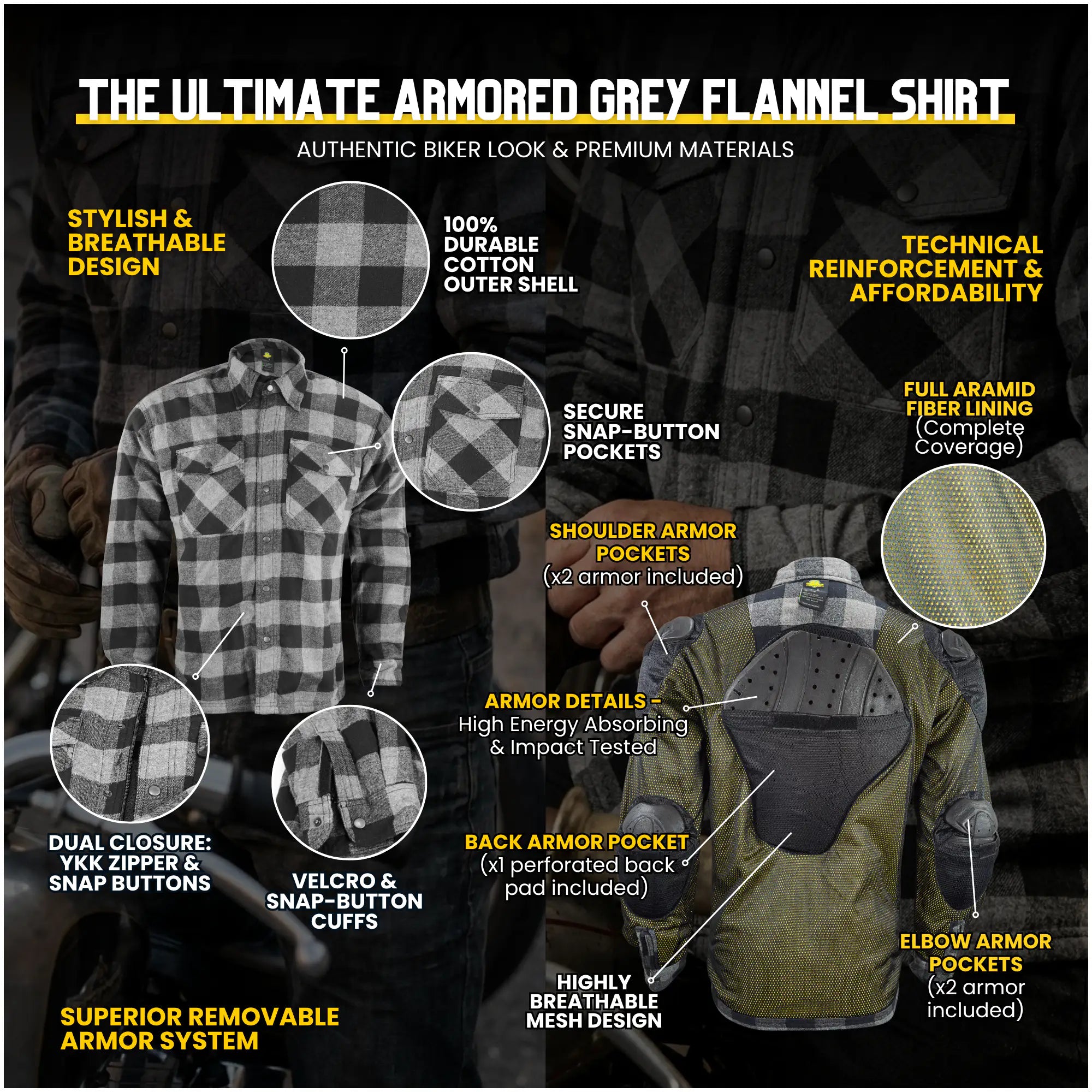 Motorcycle Riding Flannel Shirt Reinforced With Kevlar - Black/ Grey