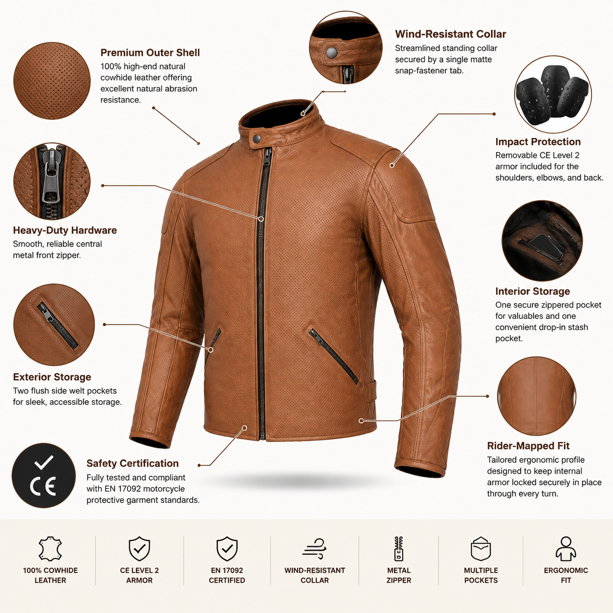 Motorcycle Oakwood 100% Cowhide Leather Jacket by Neo Jeans Brown Color with removable CE Level 2 armor