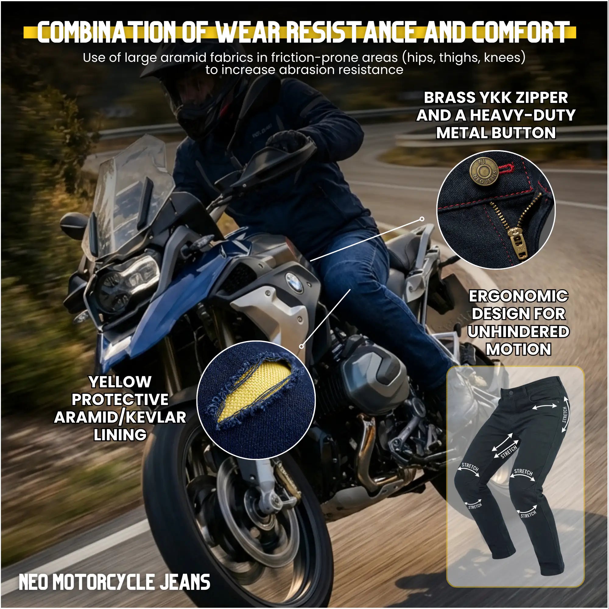 NEO MENS Motorcycle Jeans – Blue lined with Aramid fiber and Free knee & Hips Armors