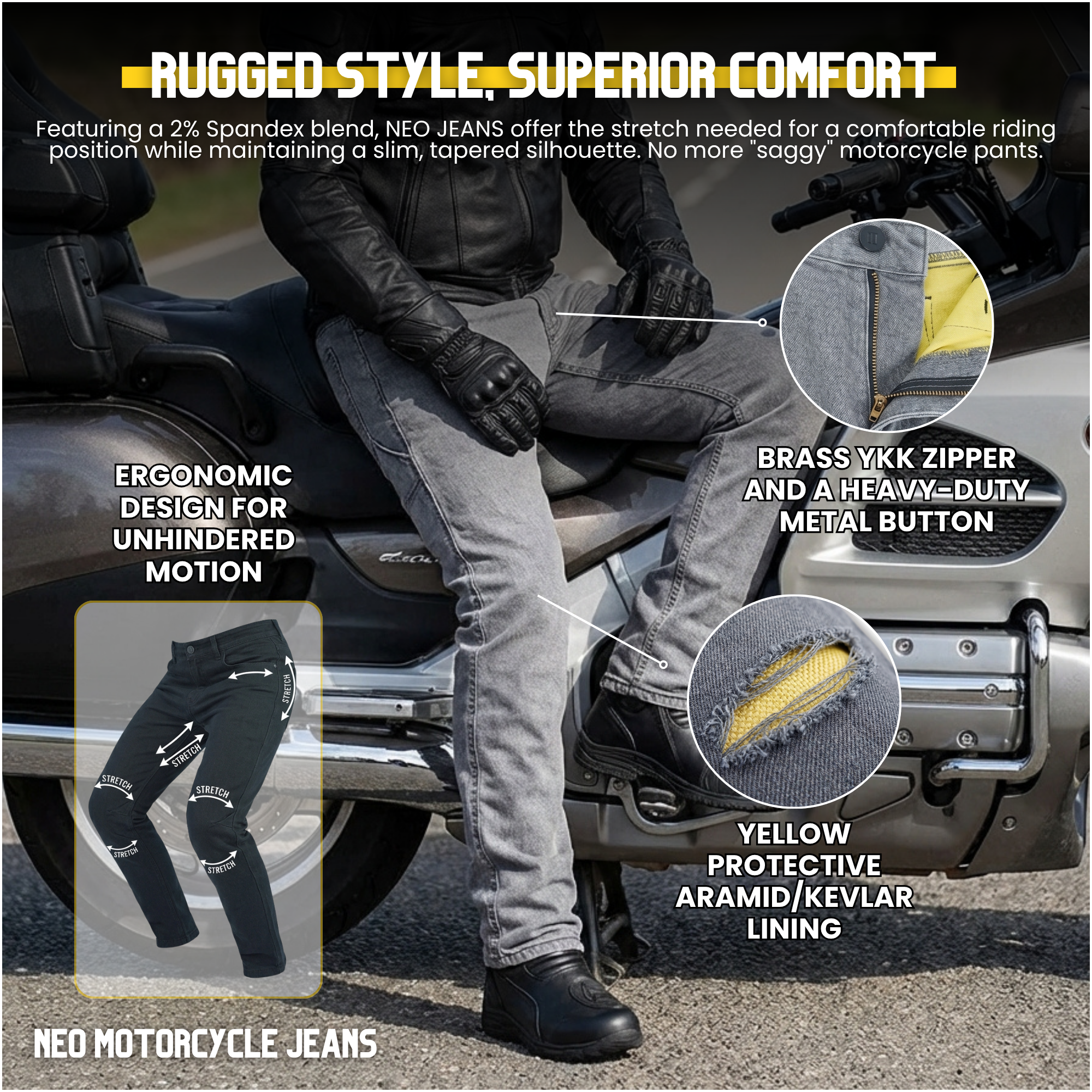 NEO MENS Motorcycle Jeans – Grey lined with Aramid fibers and Free knee & Hips Armors