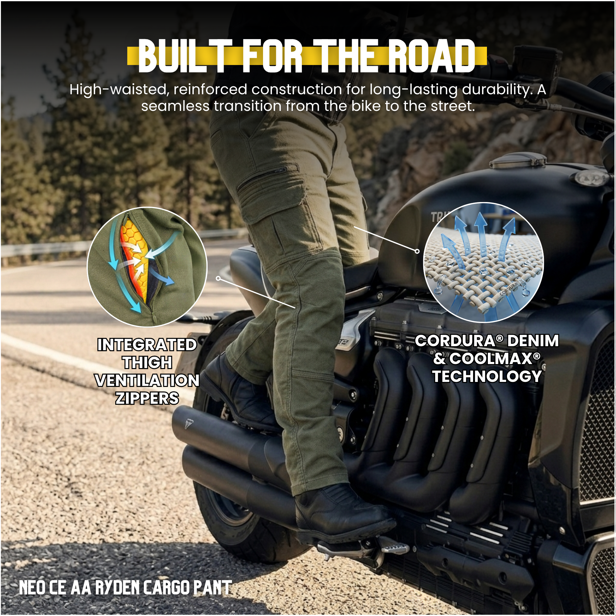 NEO CE AA RYDEN CARGO PANT – GREEN - OLIVE | Ultimate Protection With CE Fabric, CE Hip and Knee Armors