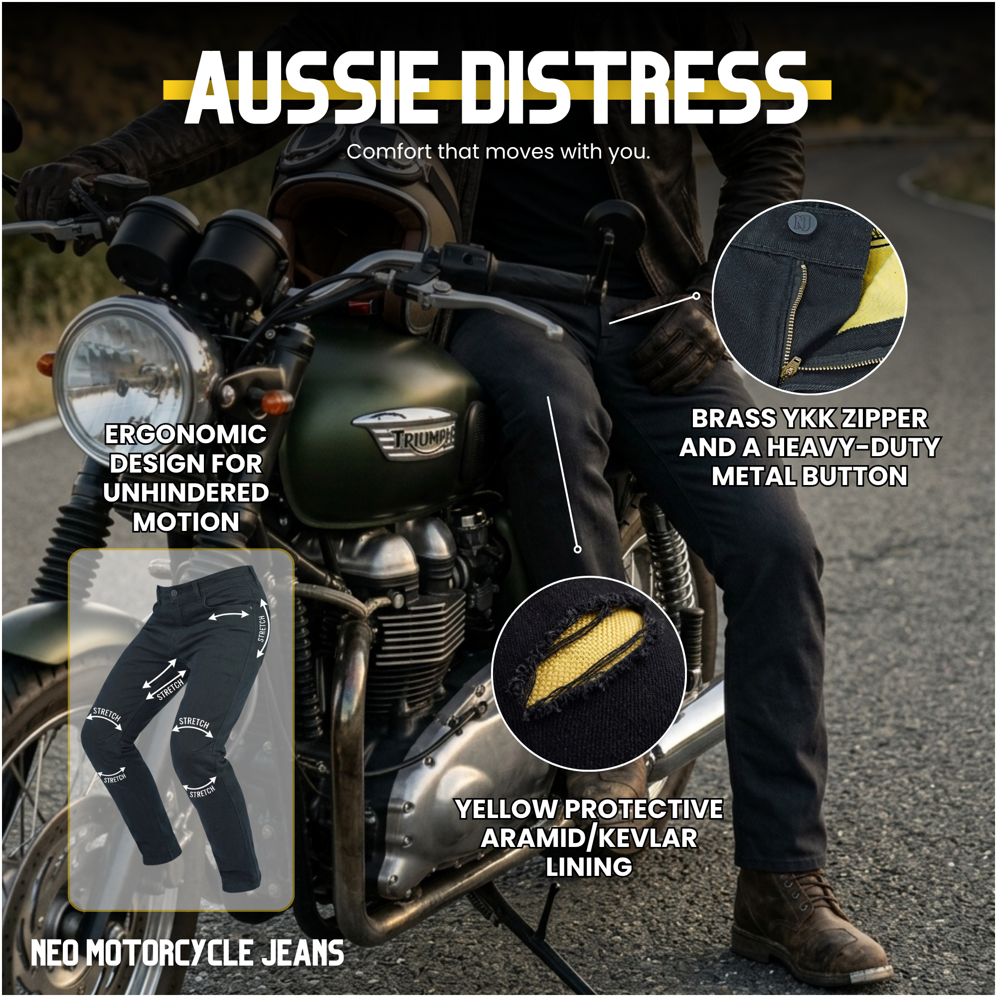 NEO MENS Motorcycle Jeans – Black lined with Aramid fibers and Free knee & Hips Armors