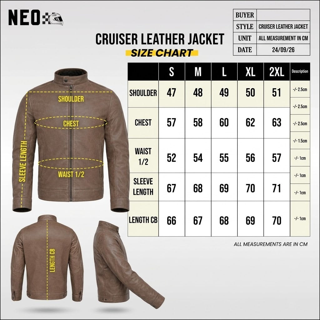 Motorcycle Cruiser 100% Cowhide Leather Jacket by Neo Jeans Brown Color with removable CE Level 2 armor
