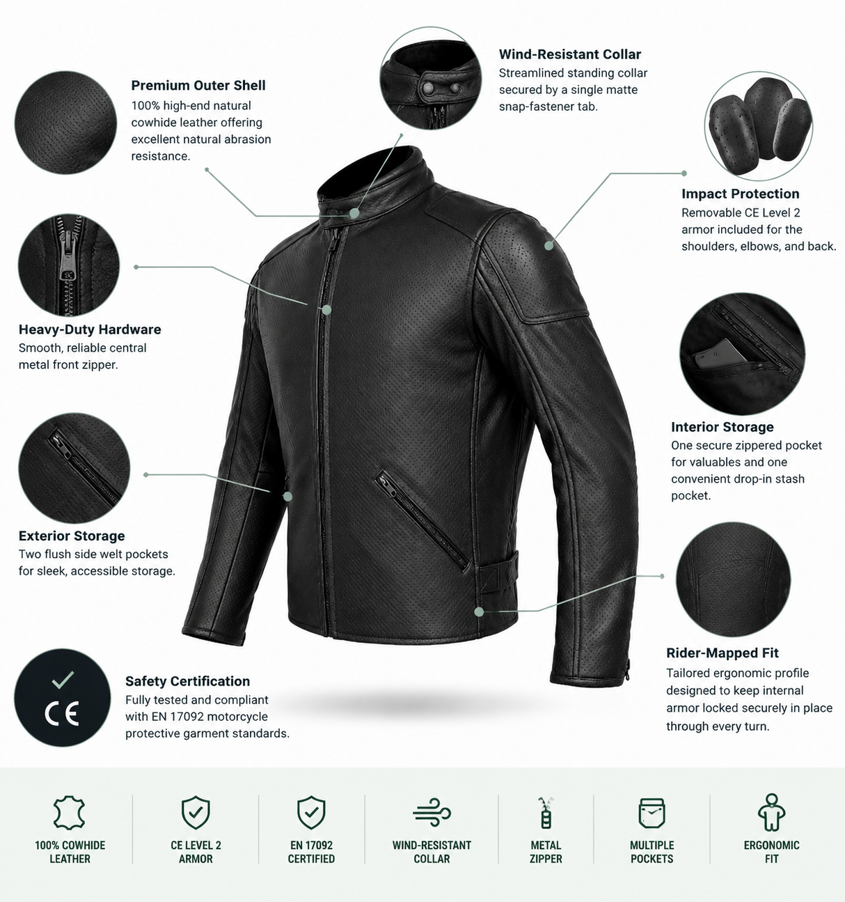 Motorcycle Oakwood 100% Cowhide Leather Jacket by Neo Jeans Black Color with removable CE Level 2 armor