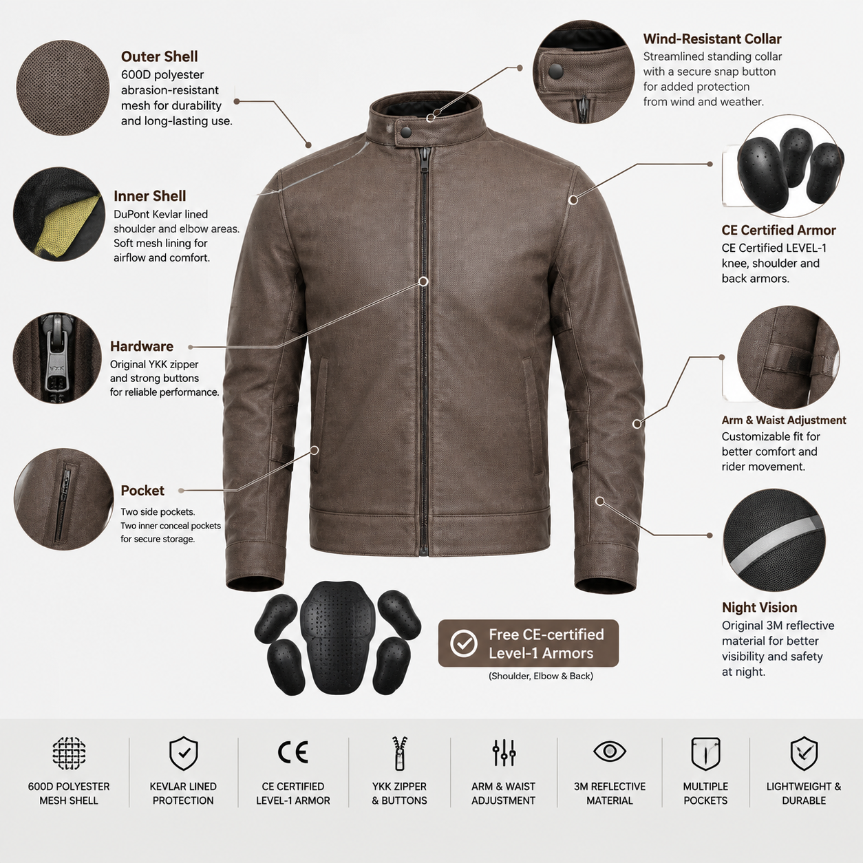 Motorcycle Cruiser 100% Cowhide Leather Jacket by Neo Jeans Brown Color with removable CE Level 2 armor
