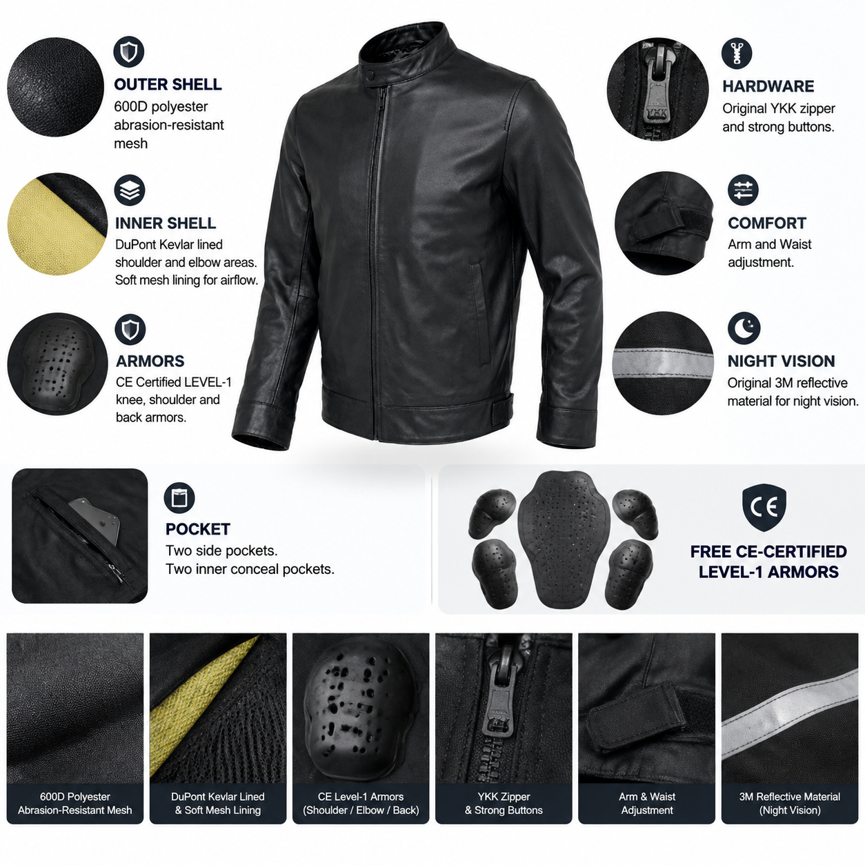 Motorcycle Cruiser 100% Cowhide Leather Jacket by Neo Jeans Black Color with removable CE Level 2 armor
